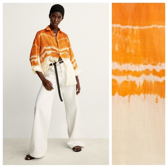 NWT. Massimo Dutti Orange/Cream 100% Ramie Tie-Dye Shirt. Size 4. - Picture 1 of 10